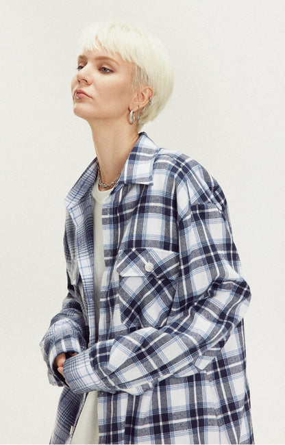 LOSTCTRL Embroidered Logo Plaid Patchwork Long Sleeve Shirt