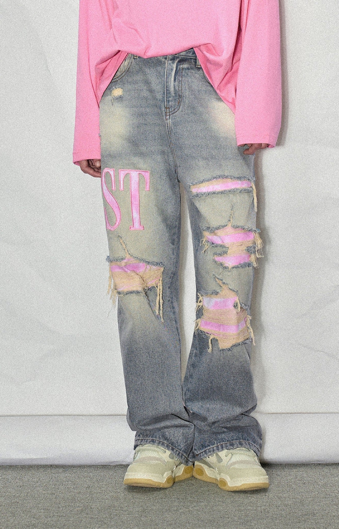 LOSTCTRL Pink Distressed Washed Denim