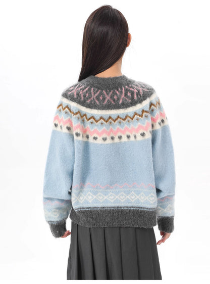 Blue Vintage Fair Isle Pattern Knit Cardigan