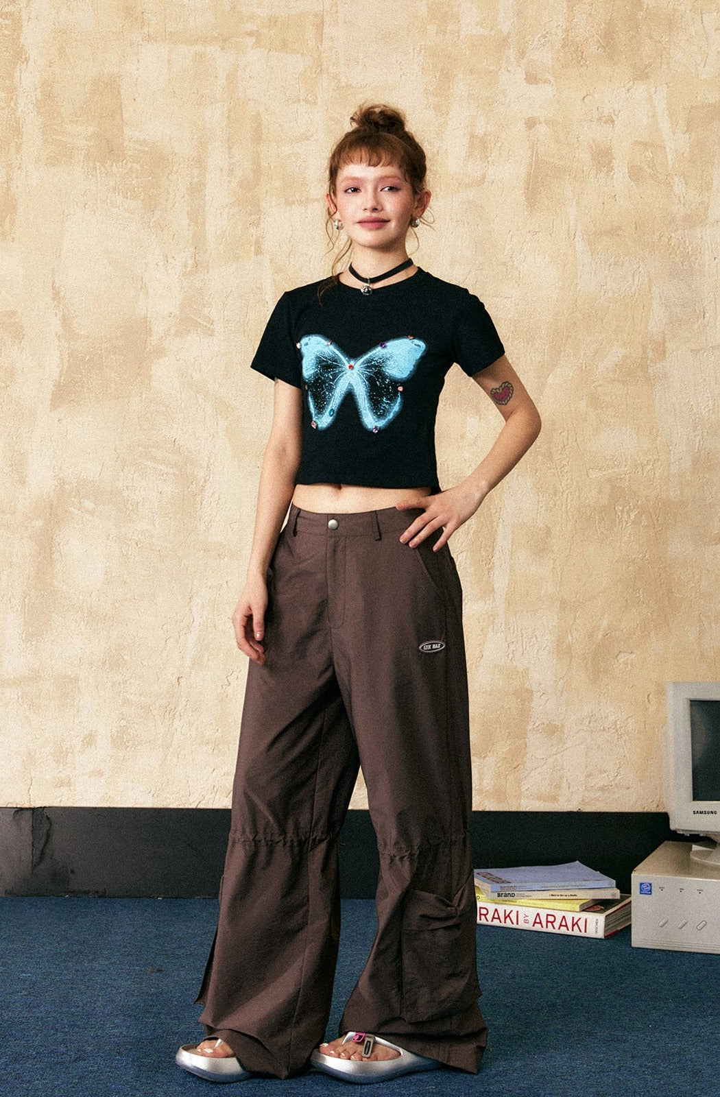 Rhinestone Butterfly Print Cropped Tee