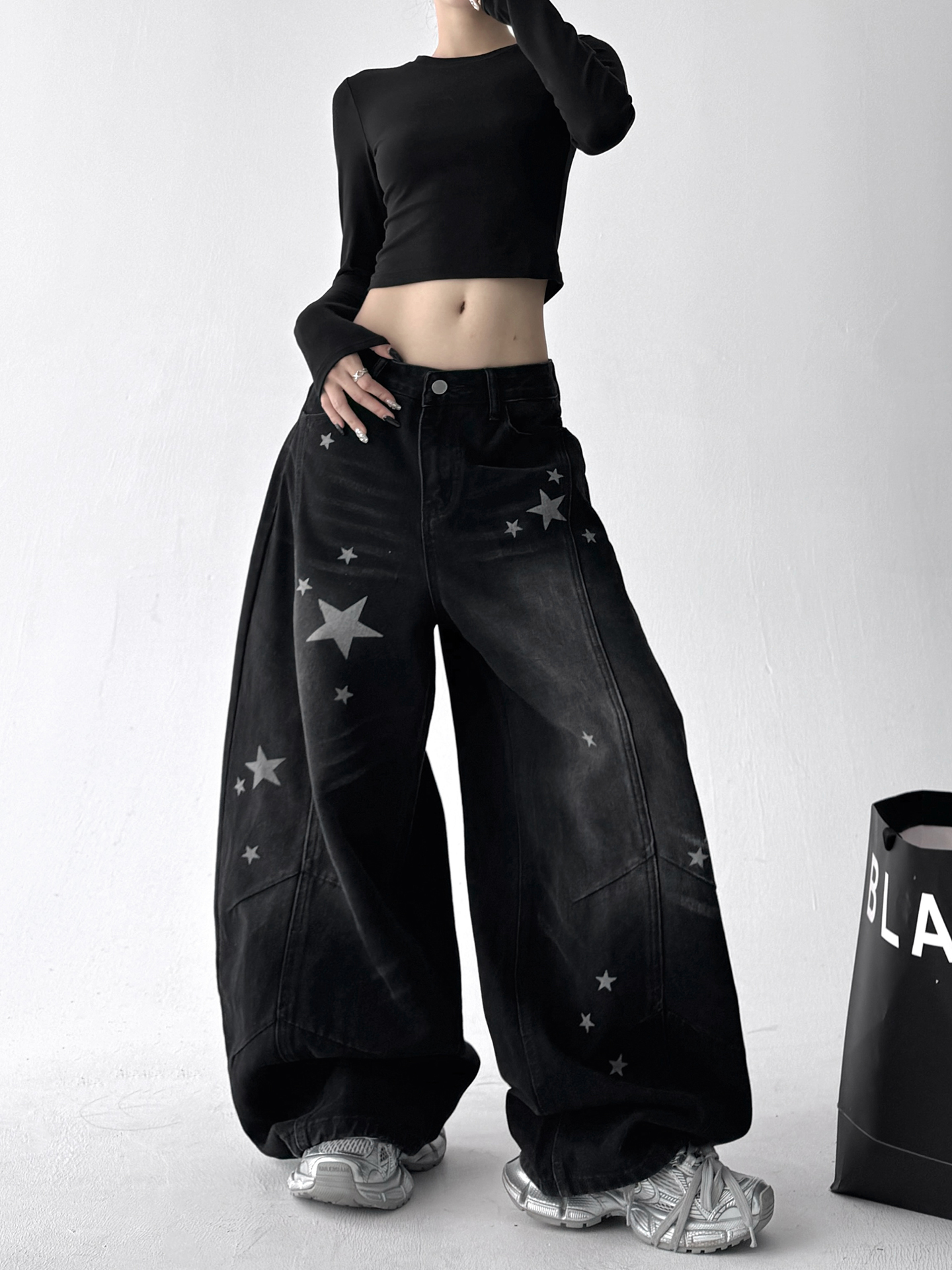 Star Graphic Washed Wide‑Leg Jeans