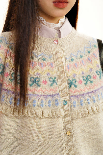 Round Neck Fair Isle Butterfly Pattern Knitted Cardigan