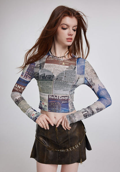 Vintage Newspaper Print Long Sleeve Tee