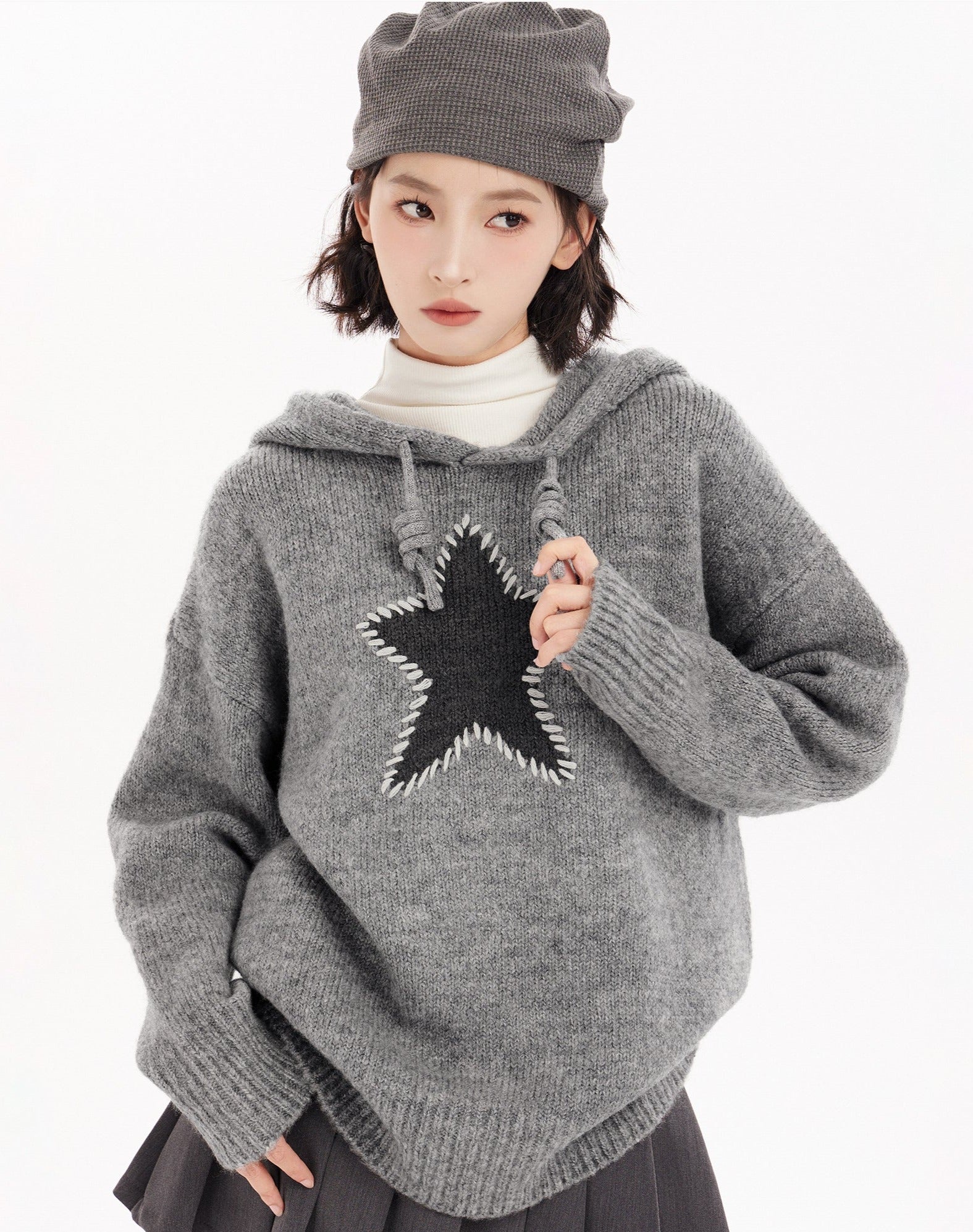 Star Pattern Knit Hoodie