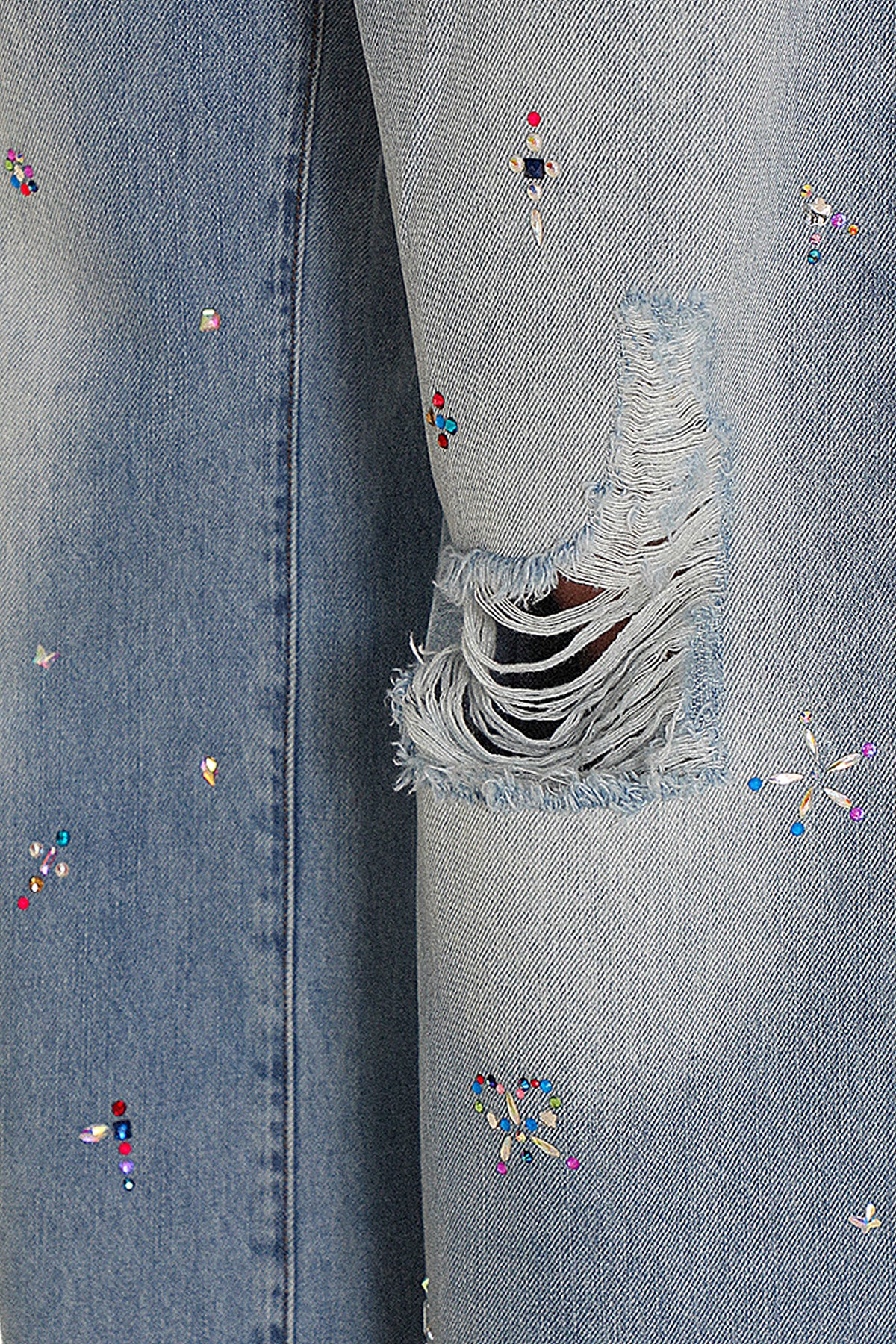 Colorful Rhinestone Lace Trimmed Distressed Denim