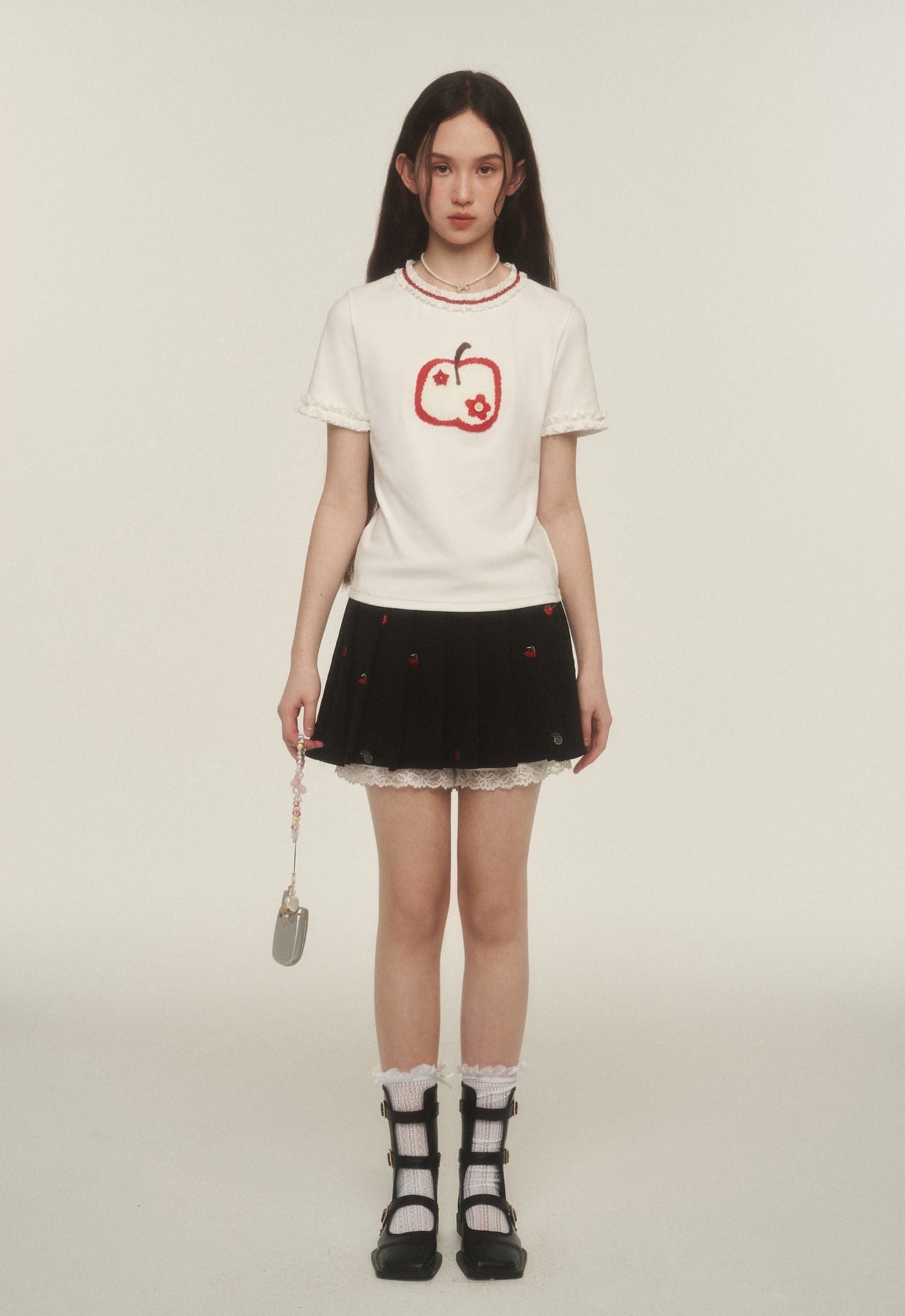 Apple Embroidered Lace Trim Tee