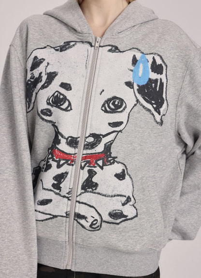 Hand-Drawn Spotted Dog Print Zip-Up Hoodie