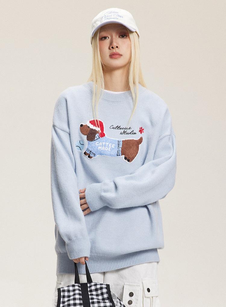 Embroidered Flocked Dog Print Knit Sweater