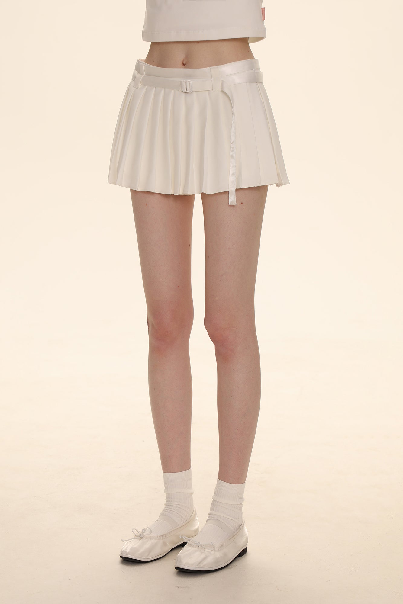 Dual-Sided Satin Ribbon Pleated Mini Skirt