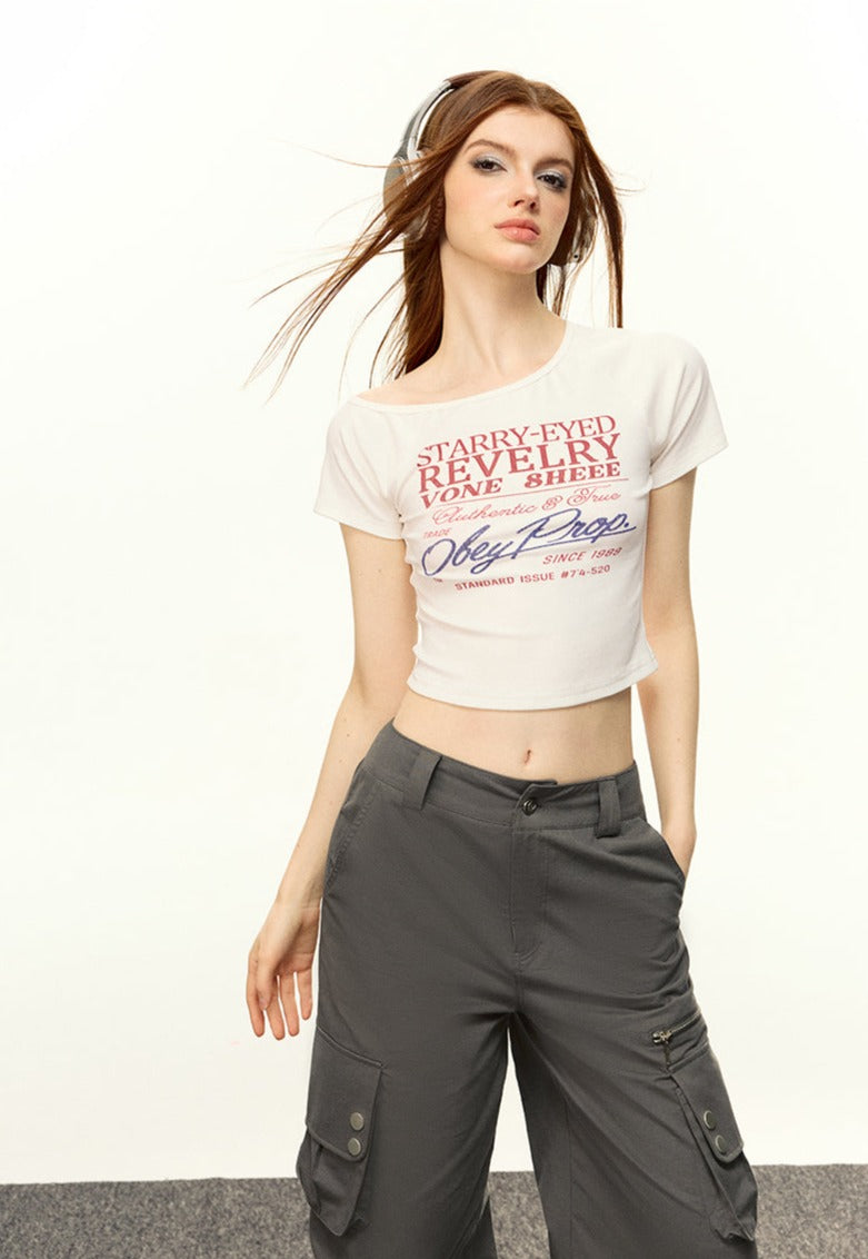 Retro Asymmetric Off-Shoulder Tee