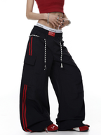 Rope-Waist Contrast Stripe Parachute Cargo Pants