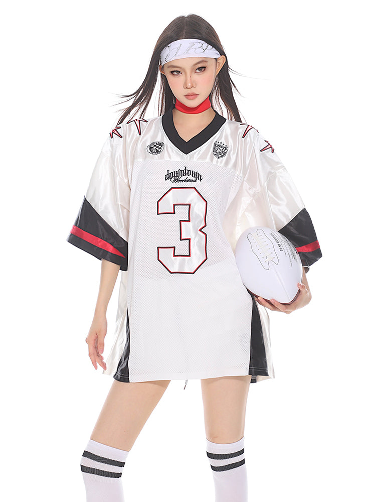 Retro No. 3 Print Satin Finish Shiny Jersey Tee