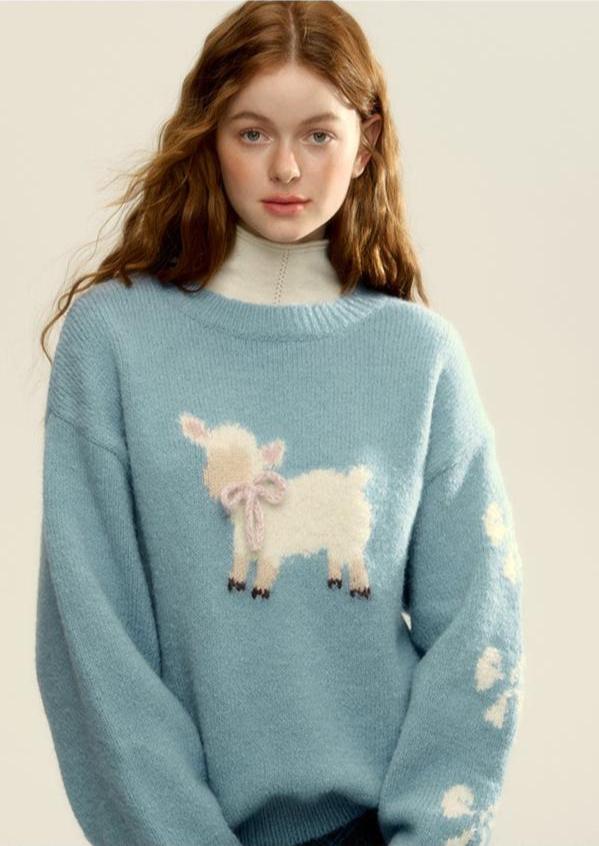 Retro Lamb Pattern Round Neck Knit Sweater