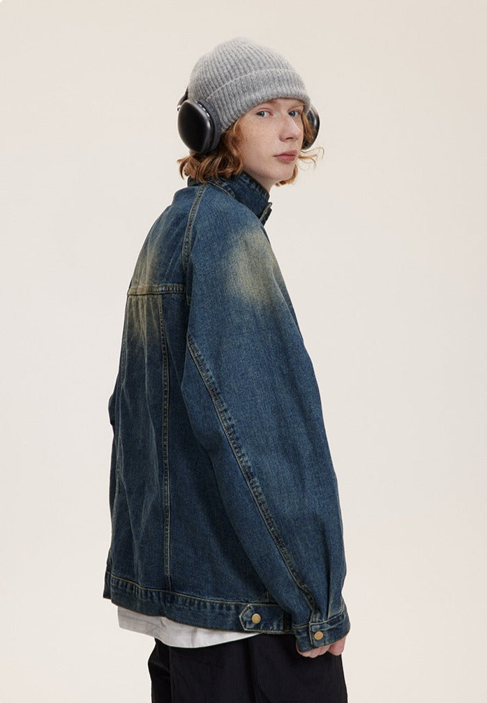 CATTEE Distressed Stand Collar Denim Jacket