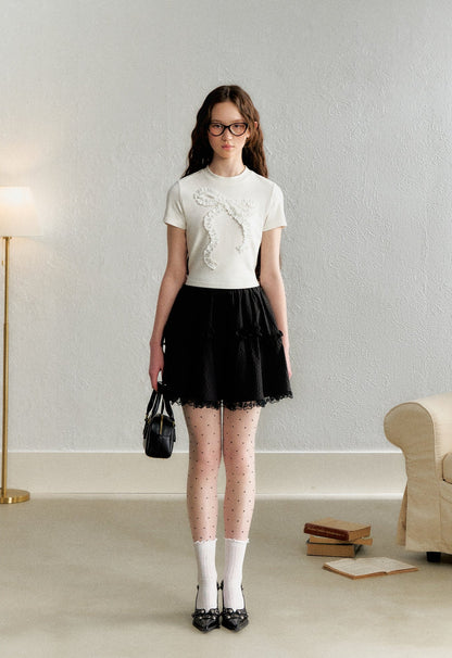 Embroidered Ruffled Trim Bow Tie Tee