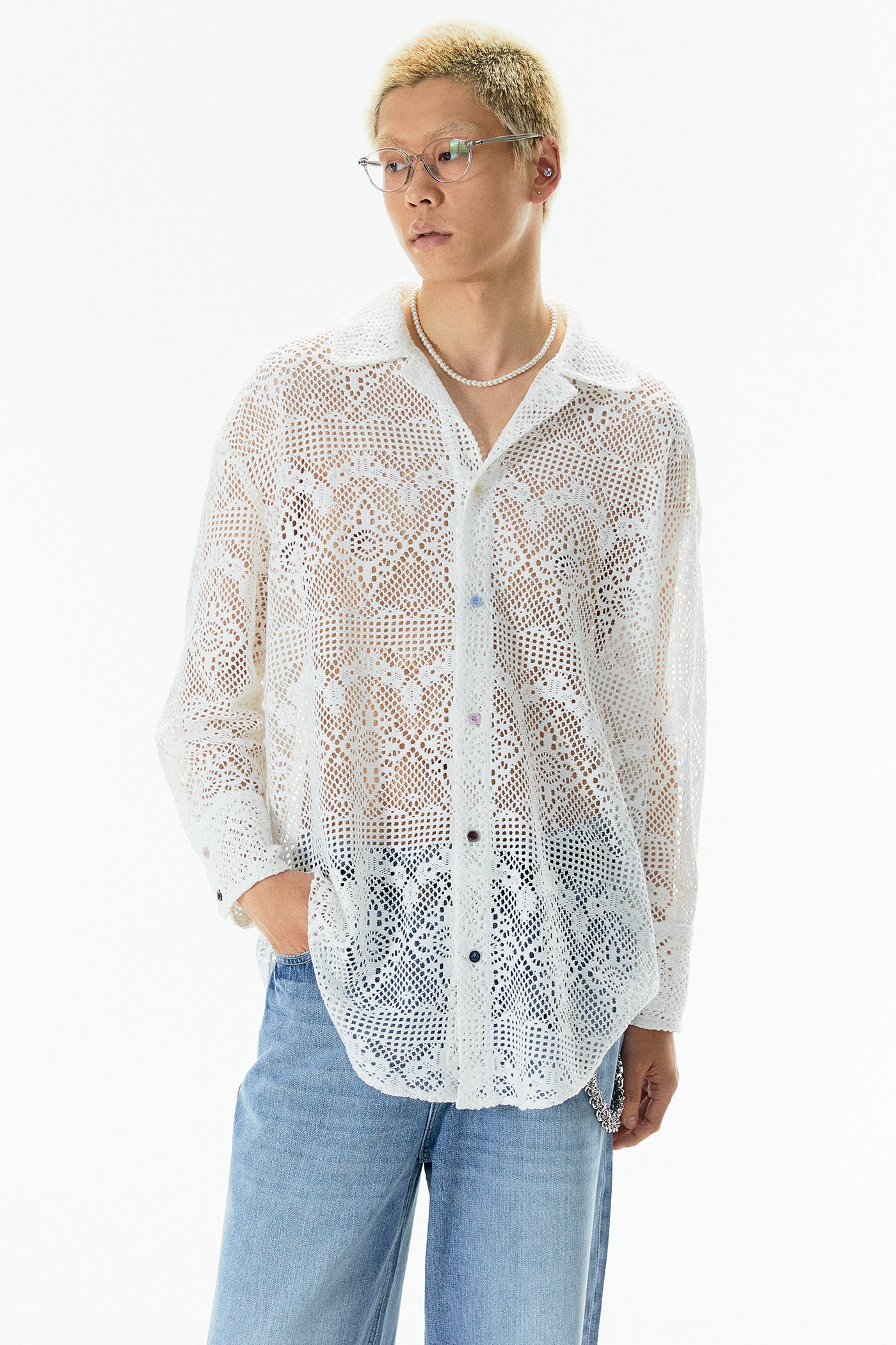 Ripple Lace Hollow-Out White Shirt