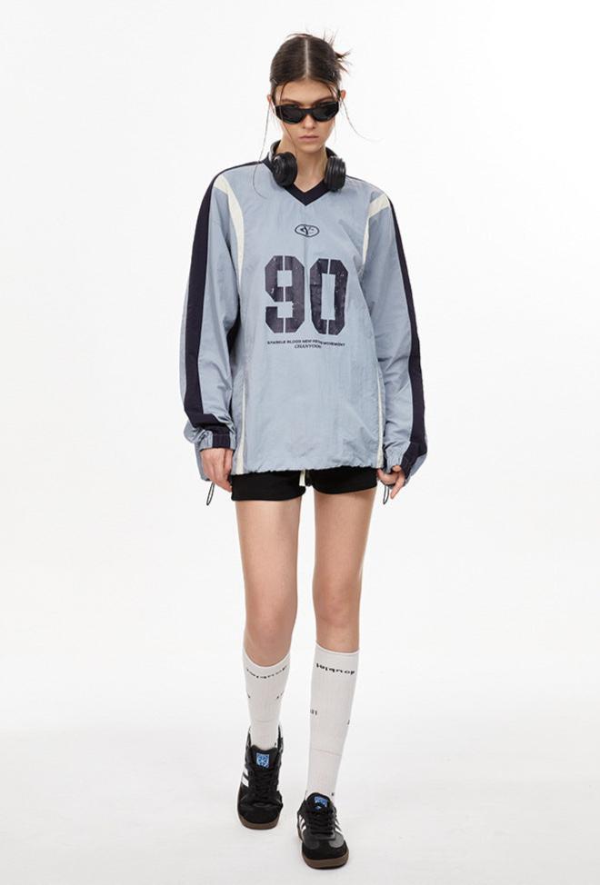 Letter Print Colorblock V-Neck Drawstring Sweatshirt