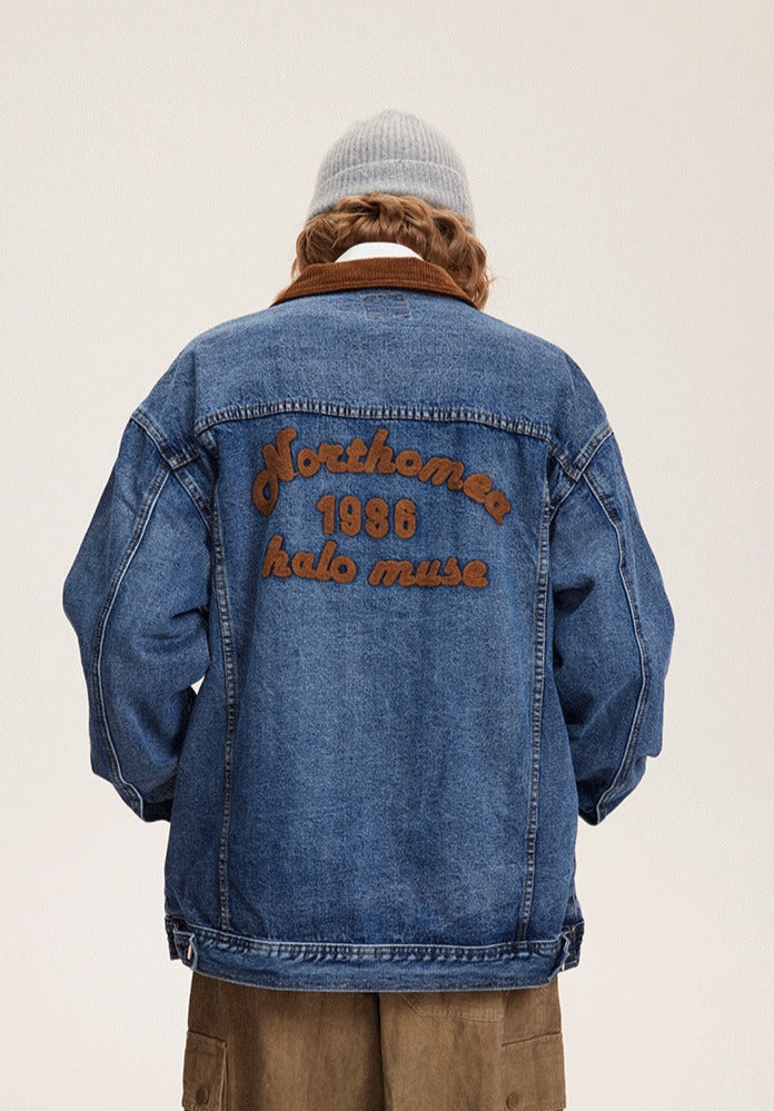 CATTEE Vintage Corduroy Collar Denim Jacket