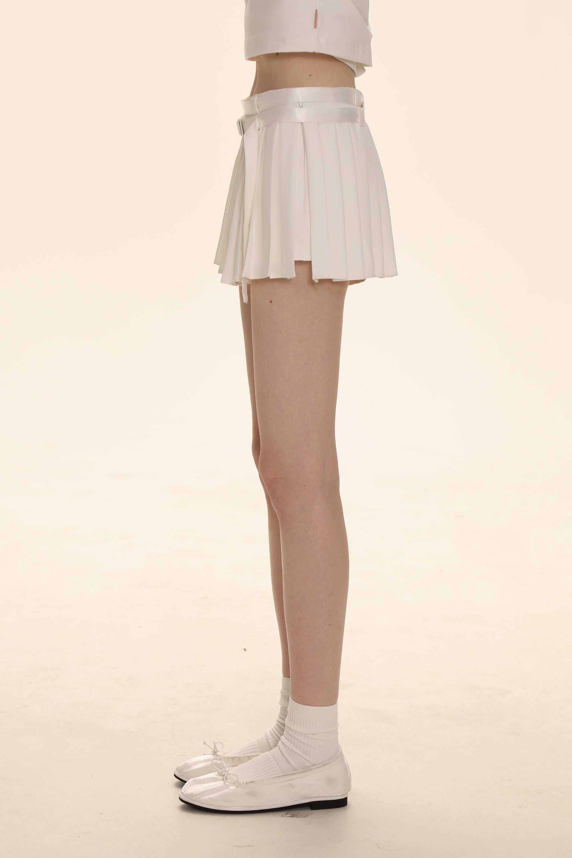 Dual-Sided Satin Ribbon Pleated Mini Skirt