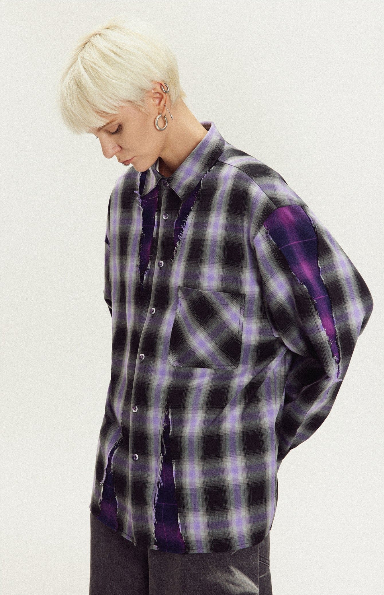 LOSTCTRL Distressed Plaid Long Sleeve Shirt