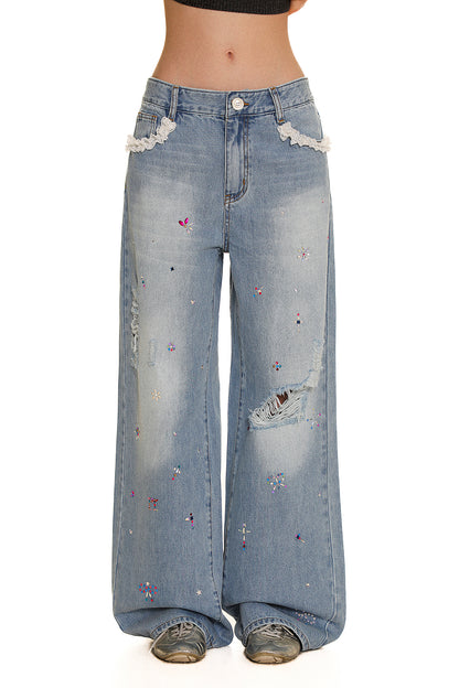 Colorful Rhinestone Lace Trimmed Distressed Denim