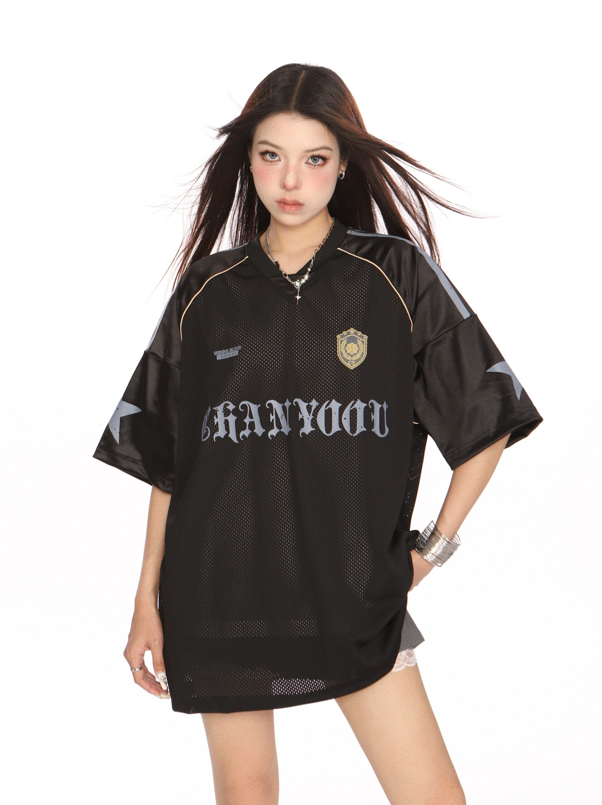 Mesh Breathable Letter Print Blockette Style Jersey Tee