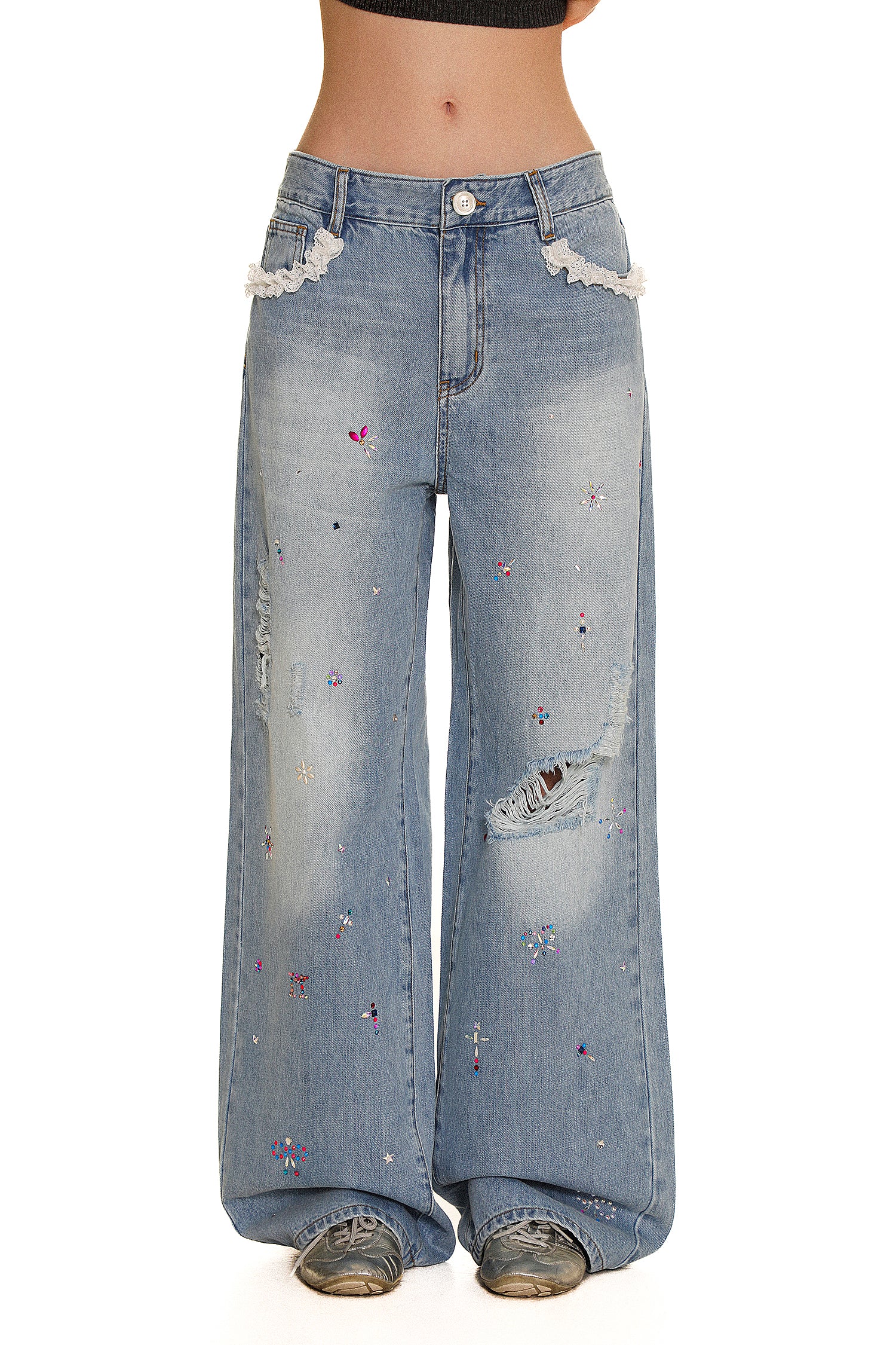 Colorful Rhinestone Lace Trimmed Distressed Denim