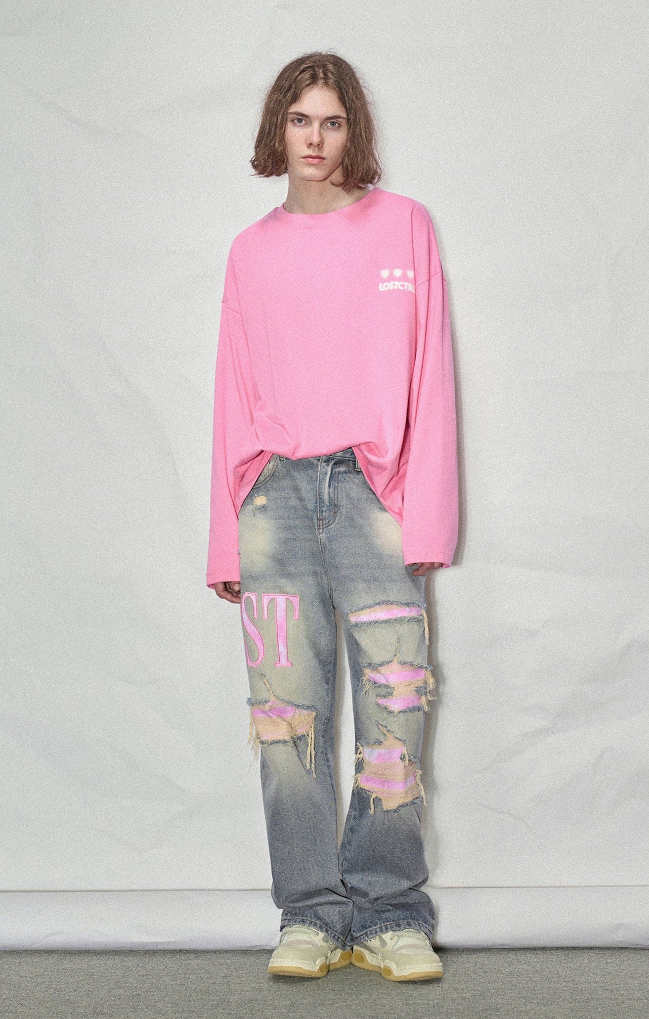 LOSTCTRL Pink Distressed Washed Denim