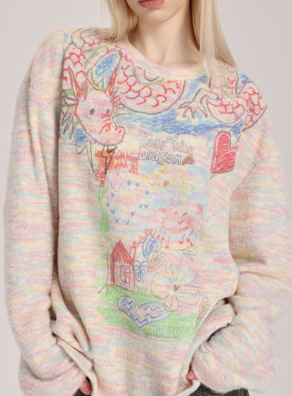 Hand-Drawn Dragon Print Rainbow Crewneck Pullover