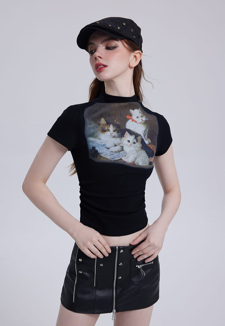 Vintage Cat Print Half Turtleneck Tee