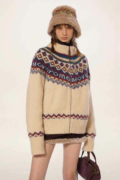 Vintage Turtleneck Fair Isle Knit Cardigan Sweater