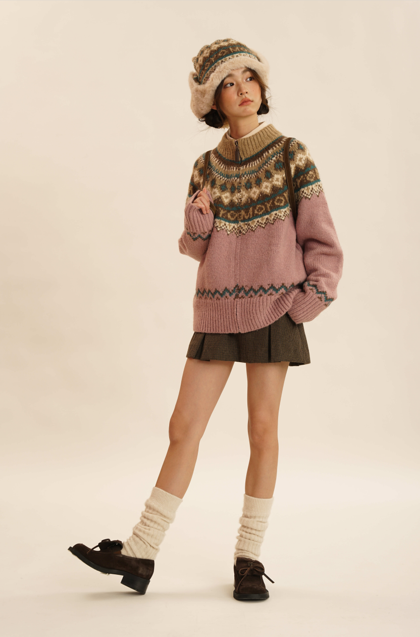 Vintage Zip Knit Cardigan Fair Isle Sweater