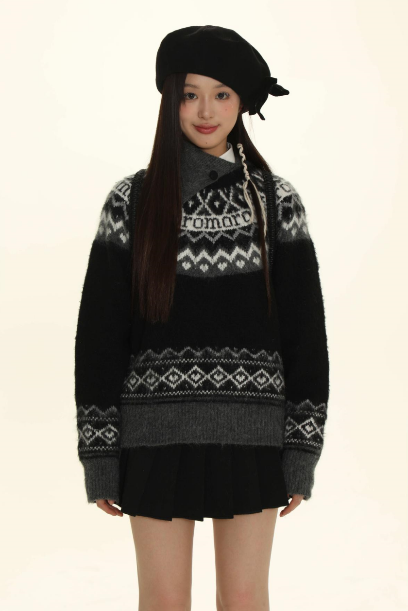 Retro Fair Isle Black White Stripe Contrast Knit Sweater