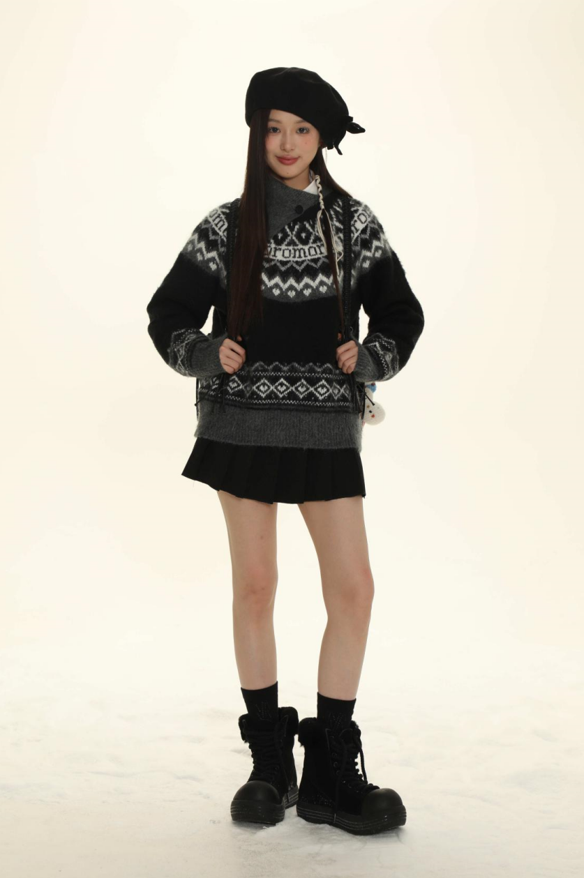 Retro Fair Isle Black White Stripe Contrast Knit Sweater