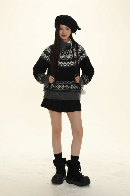 Retro Fair Isle Black White Stripe Contrast Knit Sweater