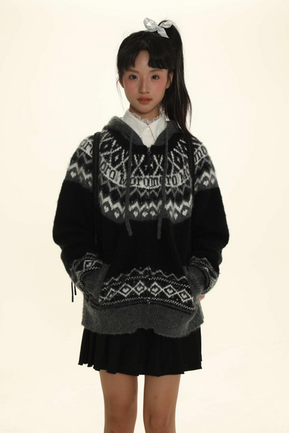 Retro Fair Isle Black White Stripe Contrast Knit Sweater