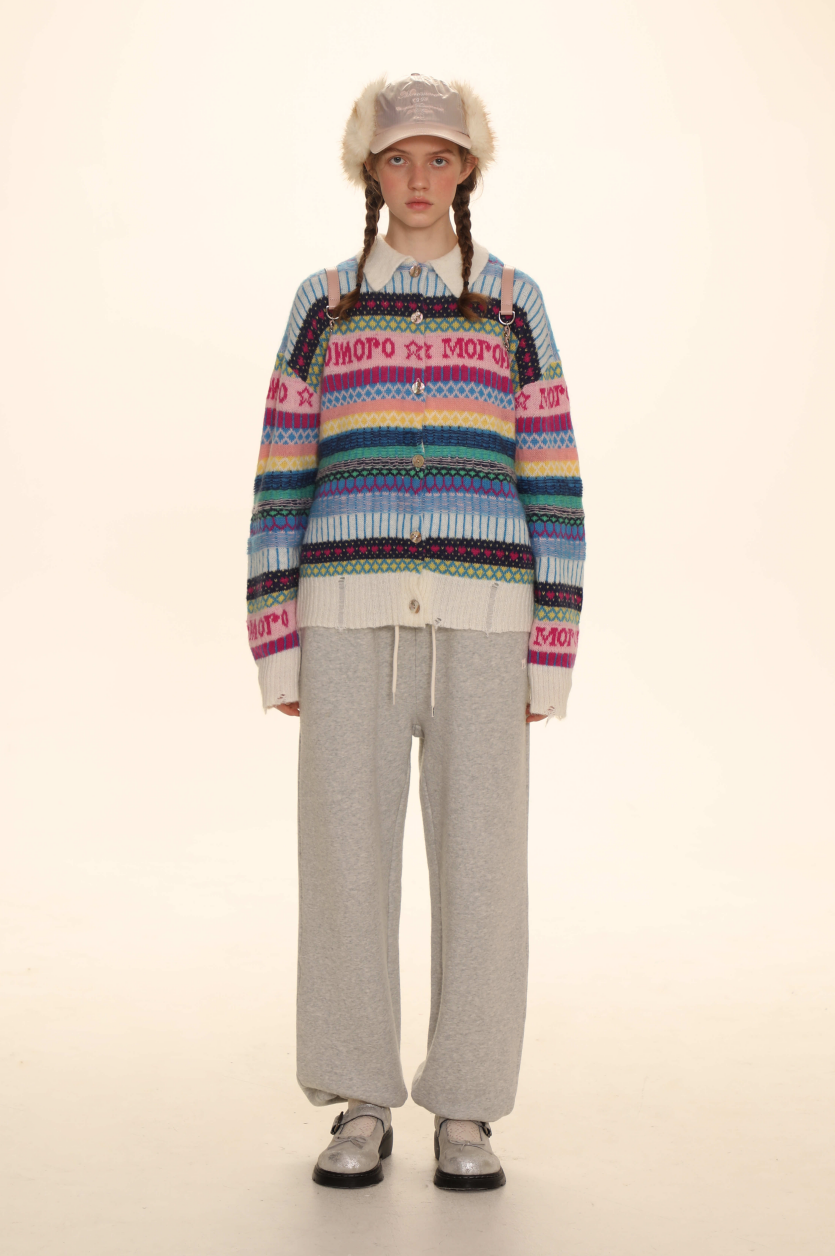 Polo Neck Colorful Stripe Fair Isle Knit Cardigan