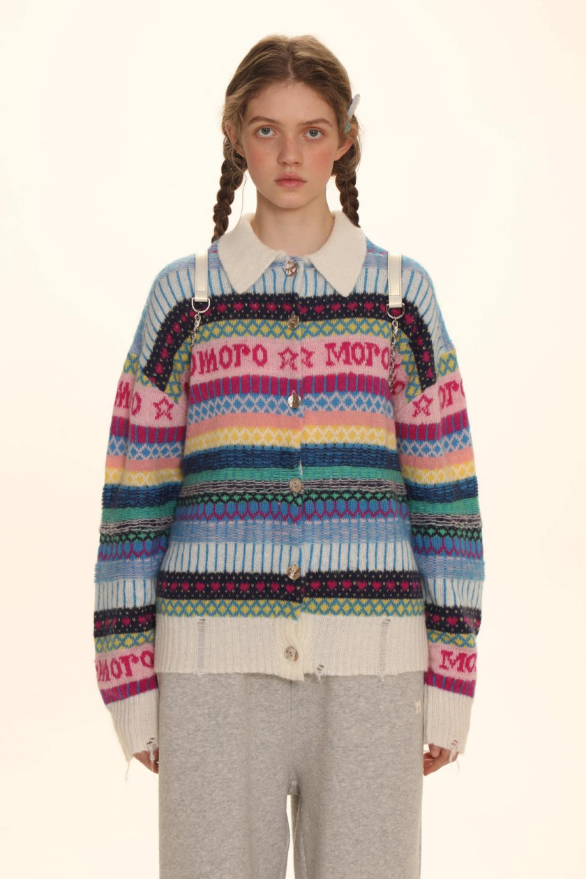 Polo Neck Colorful Stripe Fair Isle Knit Cardigan