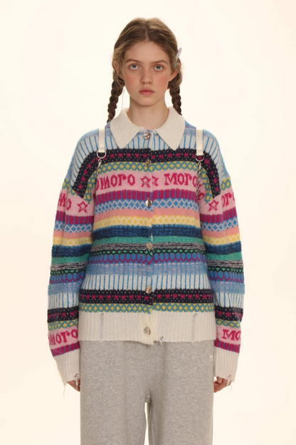 Polo Neck Colorful Stripe Fair Isle Knit Cardigan