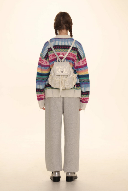 Polo Neck Colorful Stripe Fair Isle Knit Cardigan