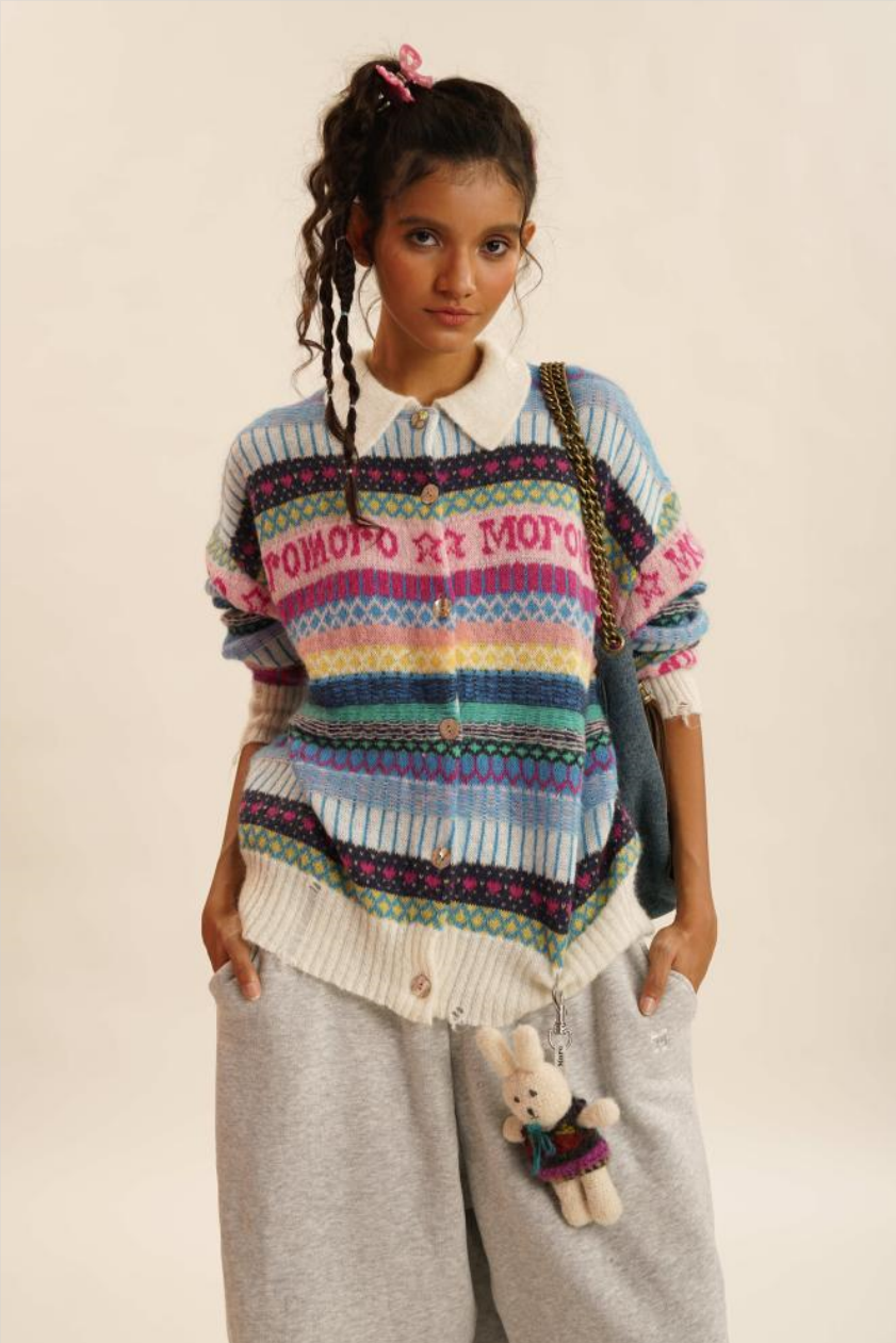 Polo Neck Colorful Stripe Fair Isle Knit Cardigan