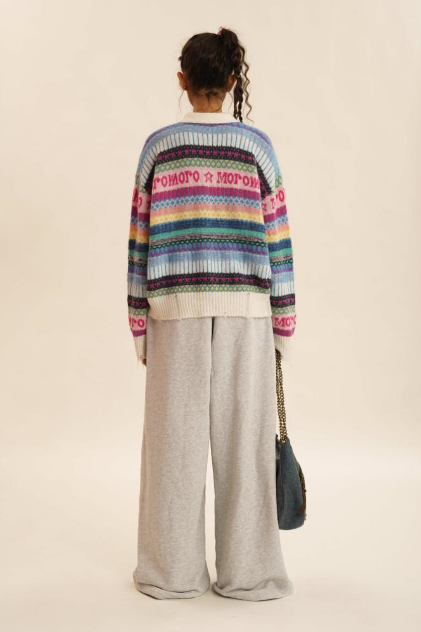 Polo Neck Colorful Stripe Fair Isle Knit Cardigan