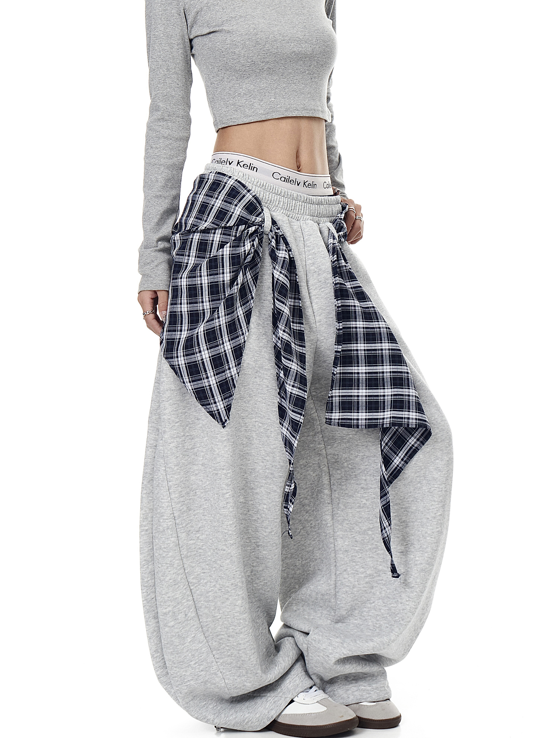 Detachable Plaid Wrap Baggy Wide‑Leg Sweatpants