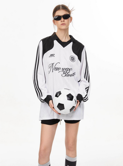 Letter Print Color-Block V-Neck Sports Sweatshirt