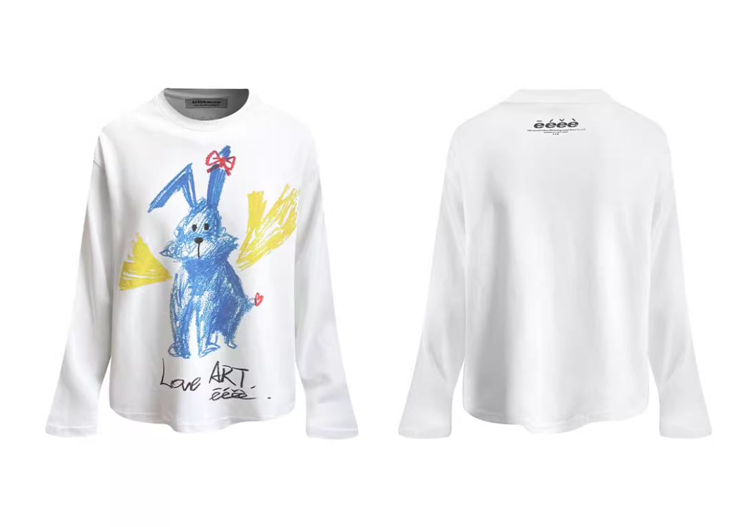 Crayon Hand-drawn Rabbit Print Heavyweight Long Sleeve Shirt