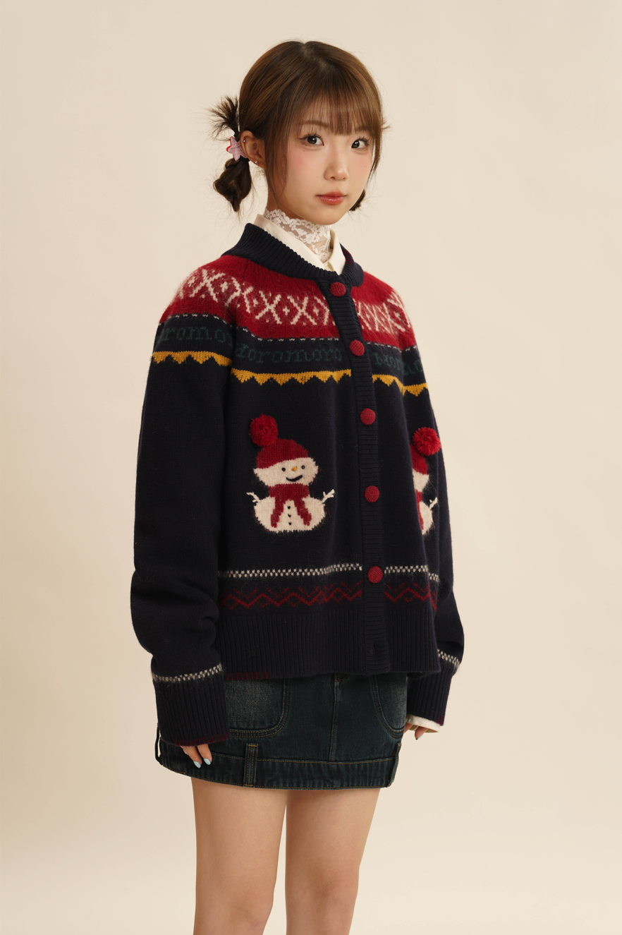 Hand-Embroidered Snowman Jacquard Cardigan Sweater