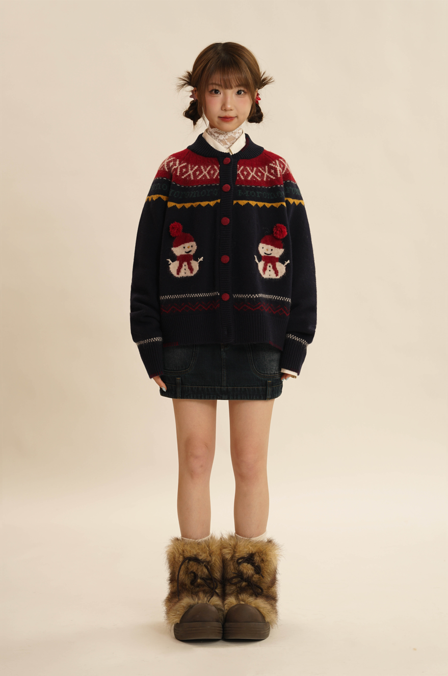 Hand-Embroidered Snowman Jacquard Cardigan Sweater