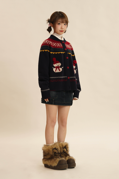 Hand-Embroidered Snowman Jacquard Cardigan Sweater