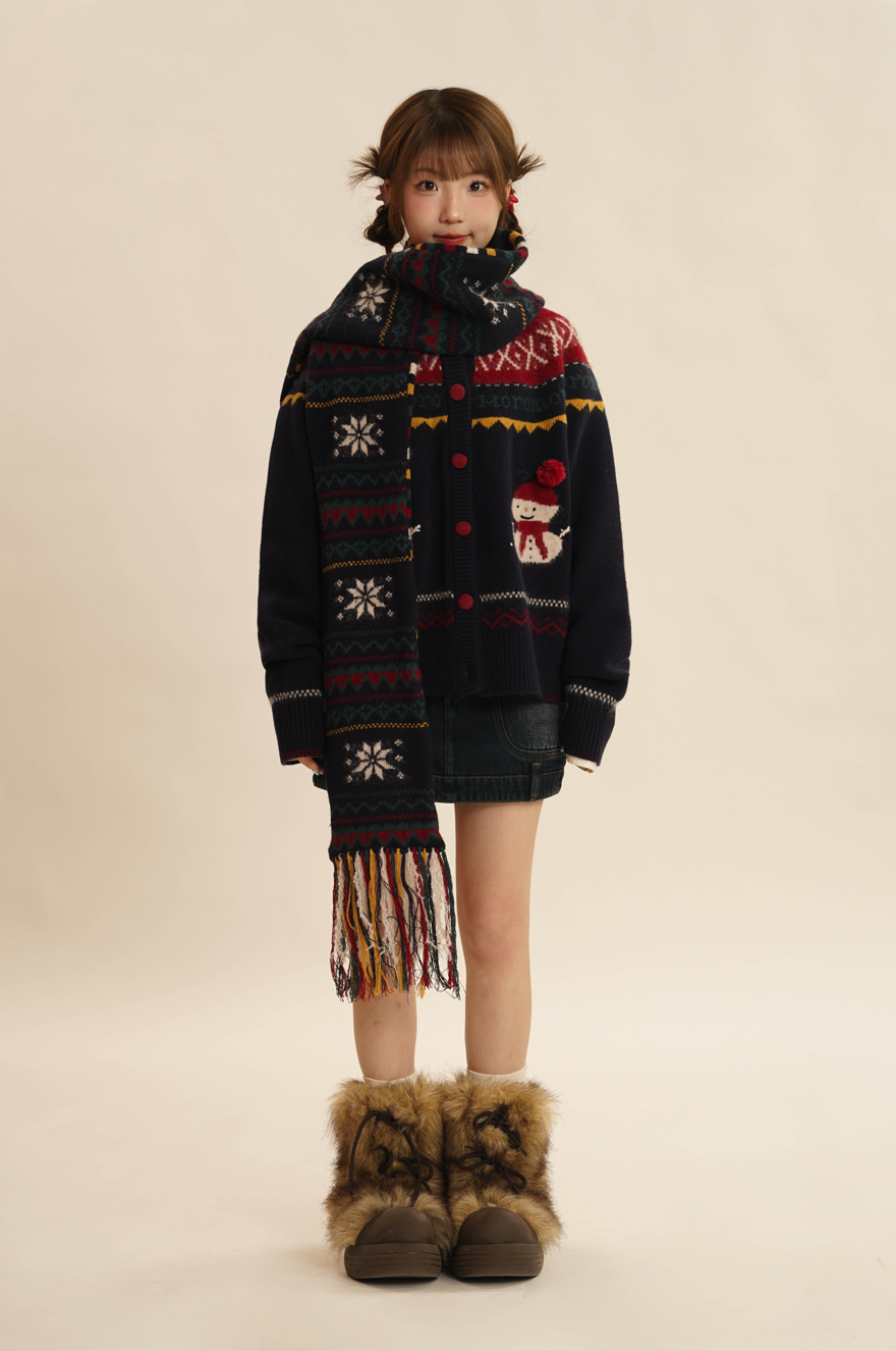 Hand-Embroidered Snowman Jacquard Cardigan Sweater