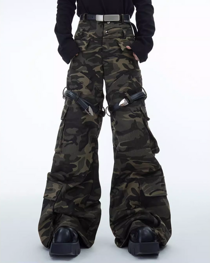 Belted Loose-Fit Vintage Washed Camouflage Cargo Pants